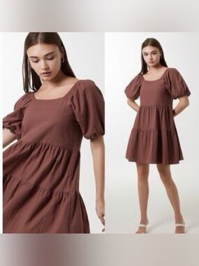 House of Harlow 1969 Chocolate Brown Tiered Babydoll Mini Dress Square Neck